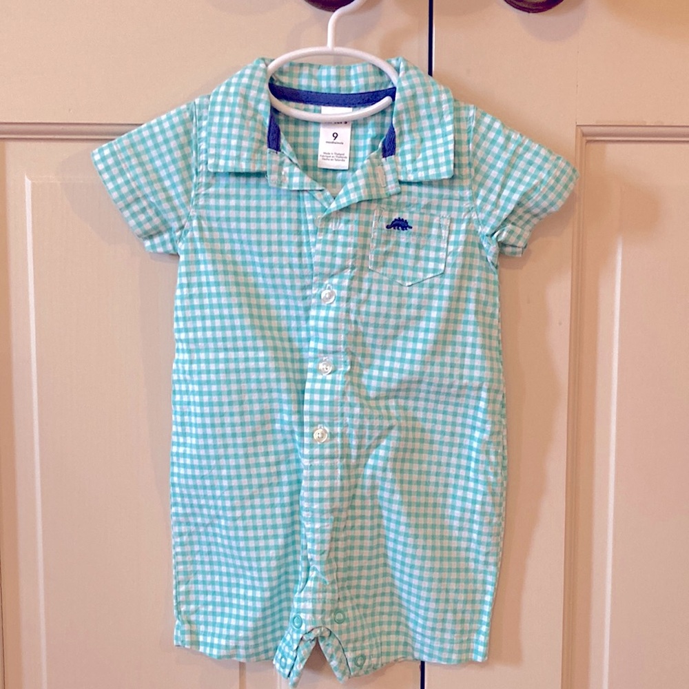 NWOT Carter’s Green Gingham Romper w/ Dino Detail, size 9 months